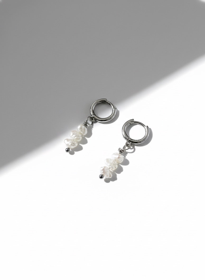 Small white gold Huggies with freshwater pearls