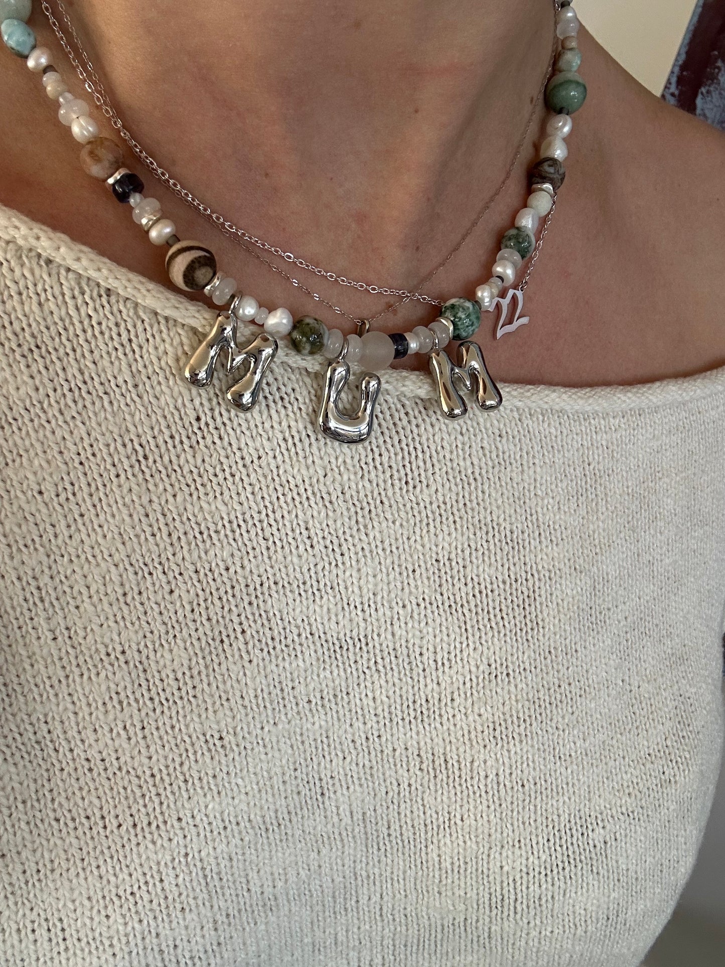 MUM stone & freshwater pearl necklace