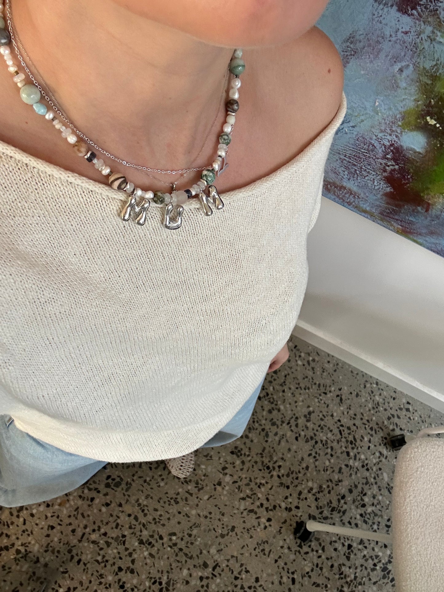 MUM stone & freshwater pearl necklace