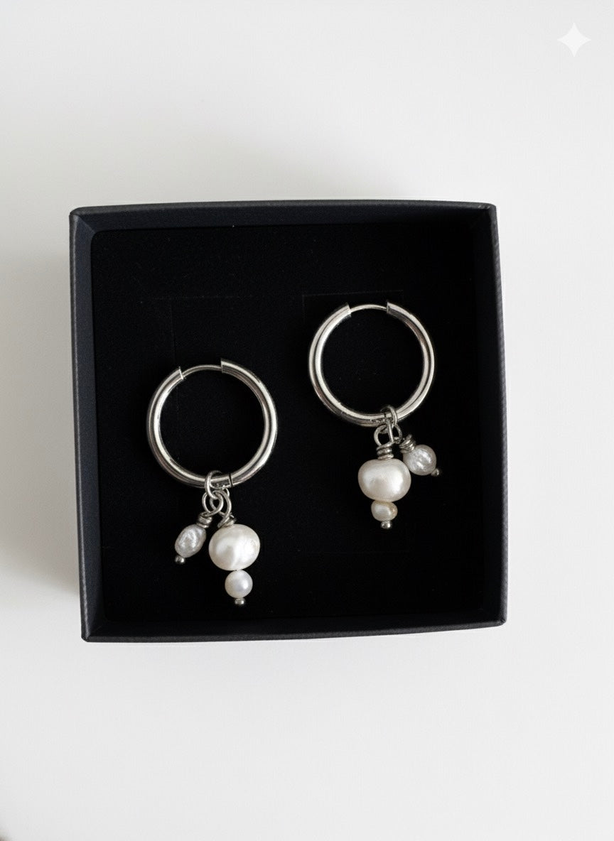 Rhodium Huggies with freshwater pearls