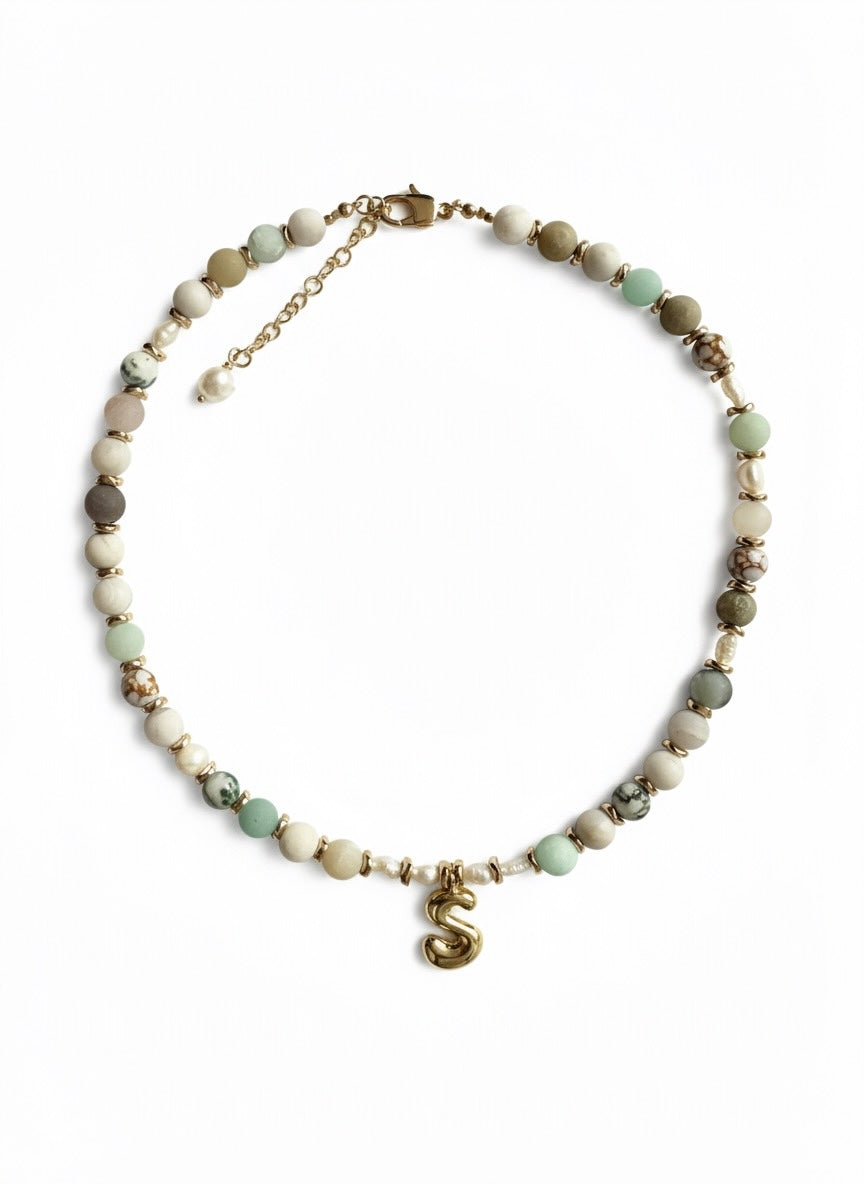 Everyday Stone Necklace with 18k Gold Initial