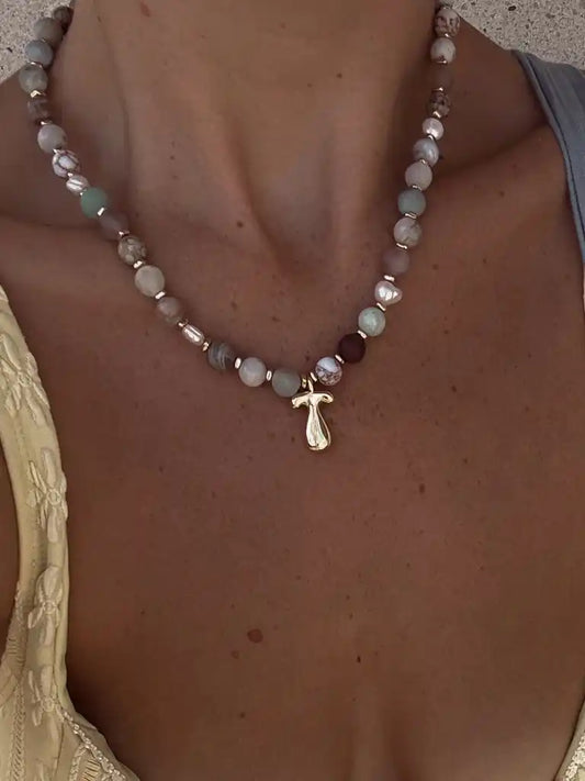 Everyday Stone Necklace with 18k Gold Initial (Copy)