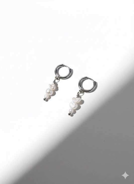 Small white gold Huggies with freshwater pearls